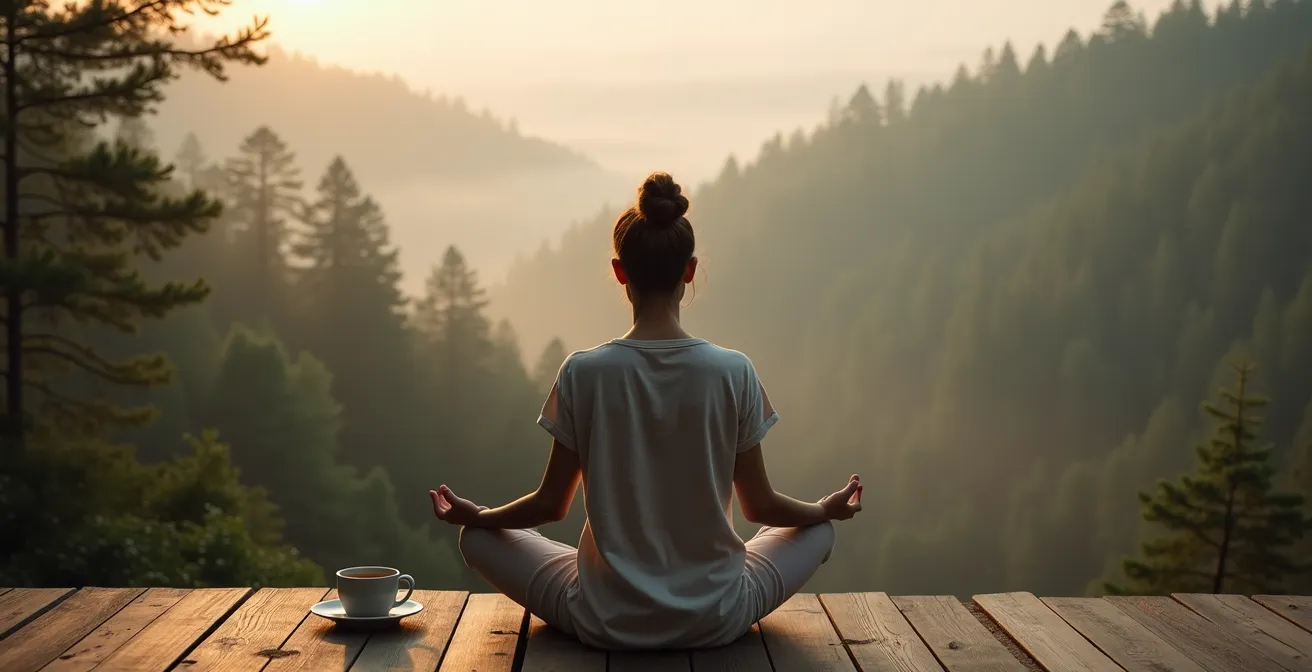 Personne méditant seule face à une forêt depuis une terrasse en bois
