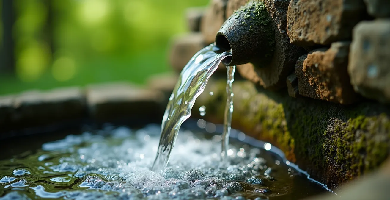 Source d'eau naturelle en pierre dans un hameau rural avec végétation locale