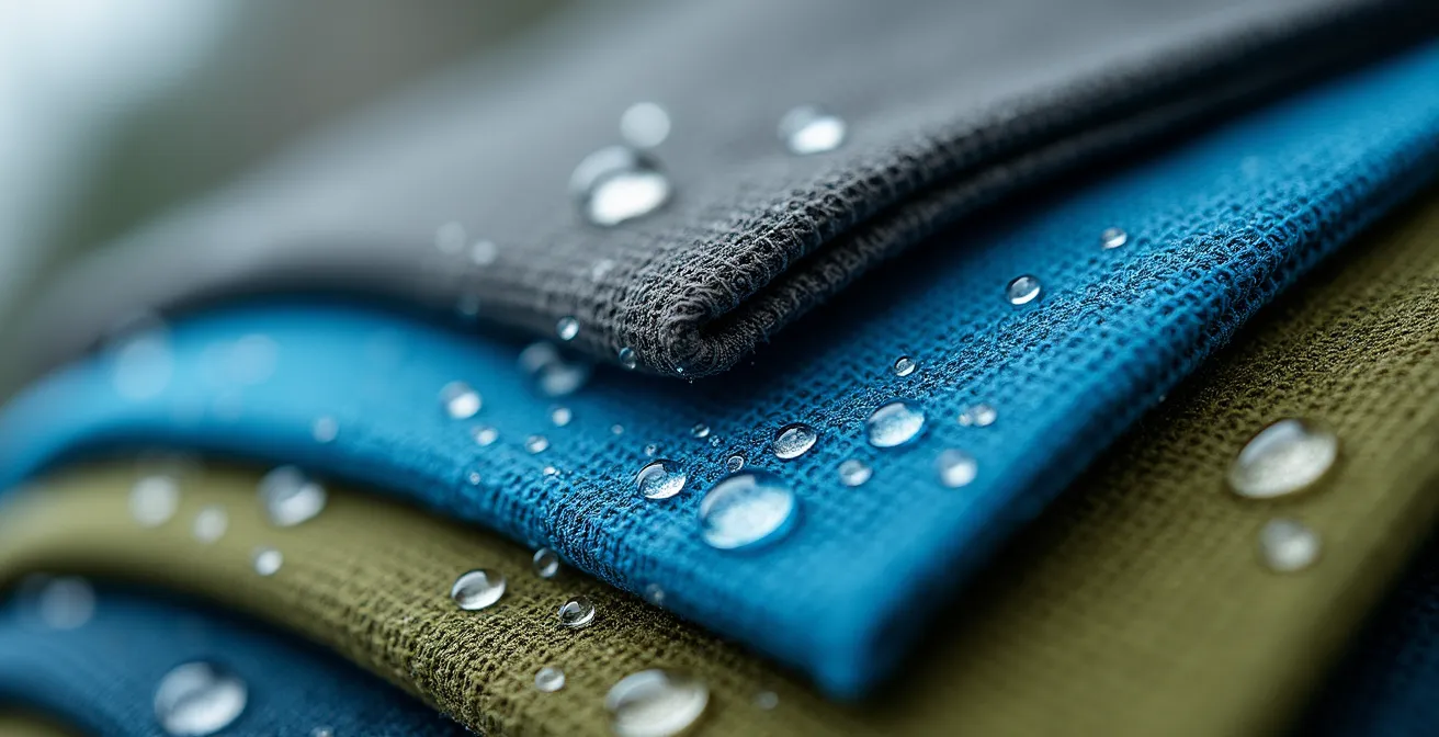 Vue macro détaillée des différentes couches de vêtements techniques pour le trek en montagne