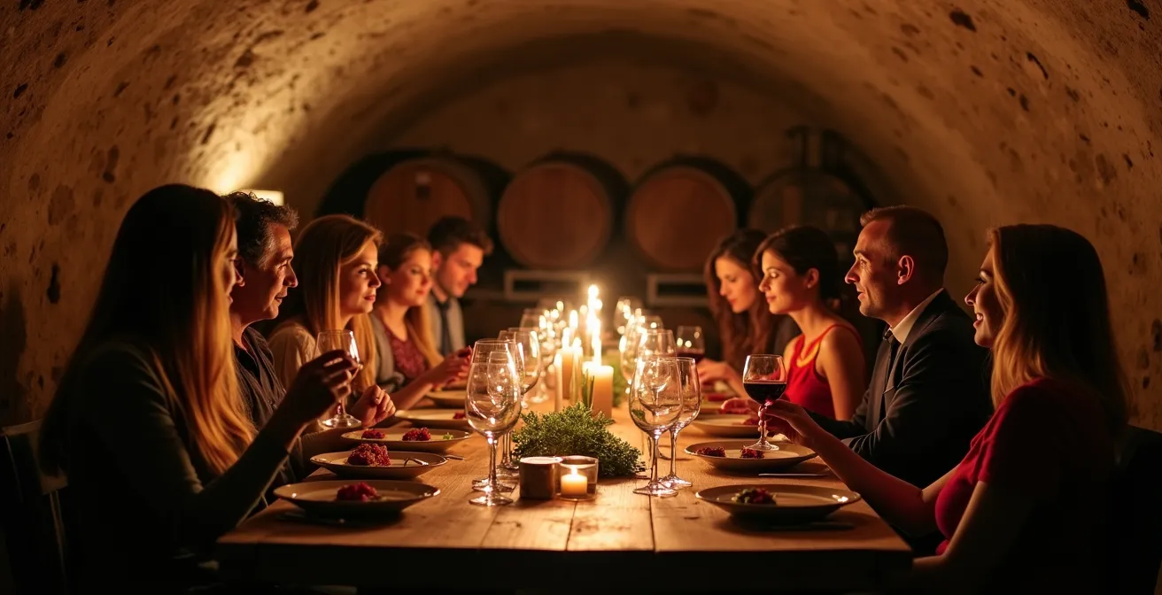 Dîner convivial en table d'hôte dans une salle voûtée de domaine viticole