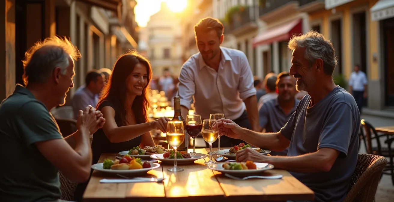 Terrasse de restaurant paisible aux heures creuses avec une ambiance locale authentique et des convives détendus.