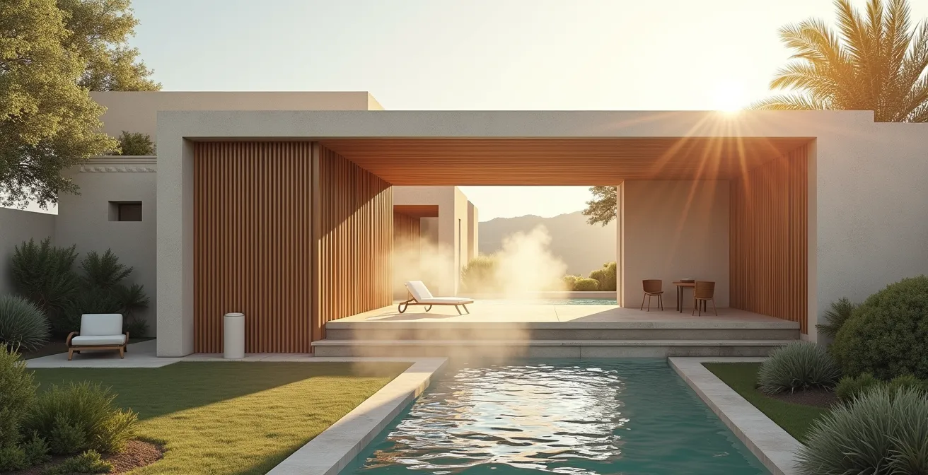 Vue architecturale d'une villa avec système de ventilation naturelle inspiré de la nature