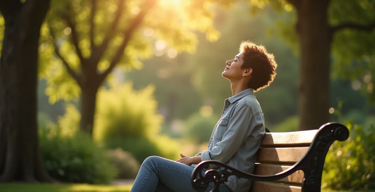 Personne assise sur un banc dans un jardin paisible entre deux visites culturelles
