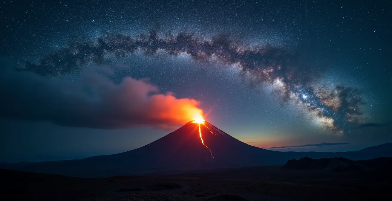 Volcan sous la Voie Lactée créant une échelle cosmique impressionnante