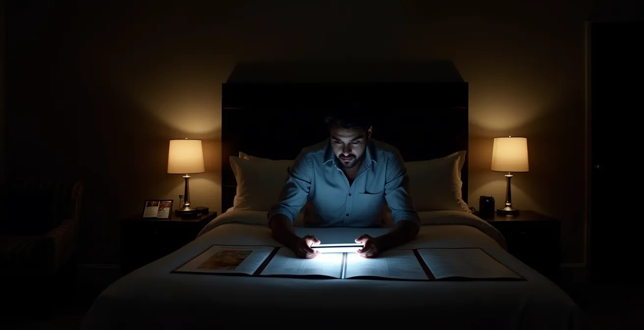 Voyageur fatigué utilisant une tablette dans l'obscurité de sa chambre d'hôtel pour commander de la nourriture