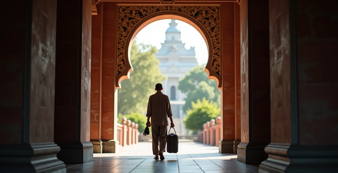 Voyageur vêtu de manière appropriée à l'entrée d'un temple sacré, épaules et jambes couvertes