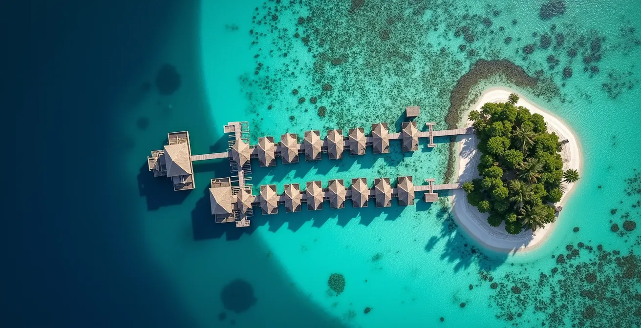 Vue aérienne montrant différentes configurations de pontons avec bungalows espacés