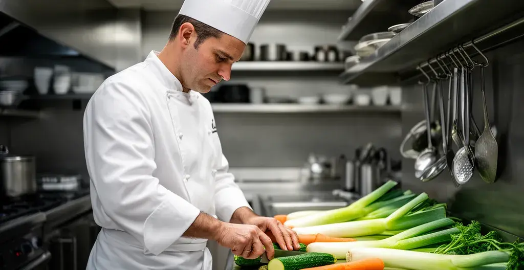 Chef préparant des produits frais dans une cuisine de restaurant Maître Restaurateur
