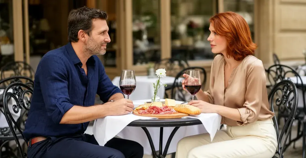 Couple dînant en terrasse avec vue panoramique sur le lac d'Annecy