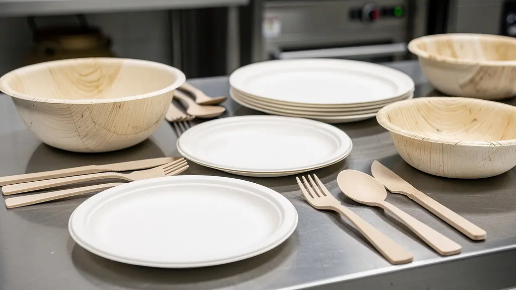 Assortiment assiettes pulpe couverts bois sur plan de travail cuisine professionnelle