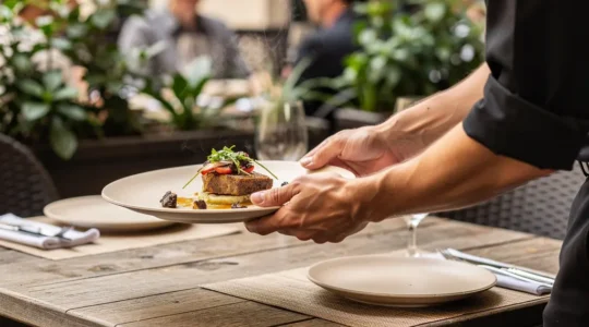 Serveur déposant un plat chaud sur assiette pulpe de canne en terrasse restaurant