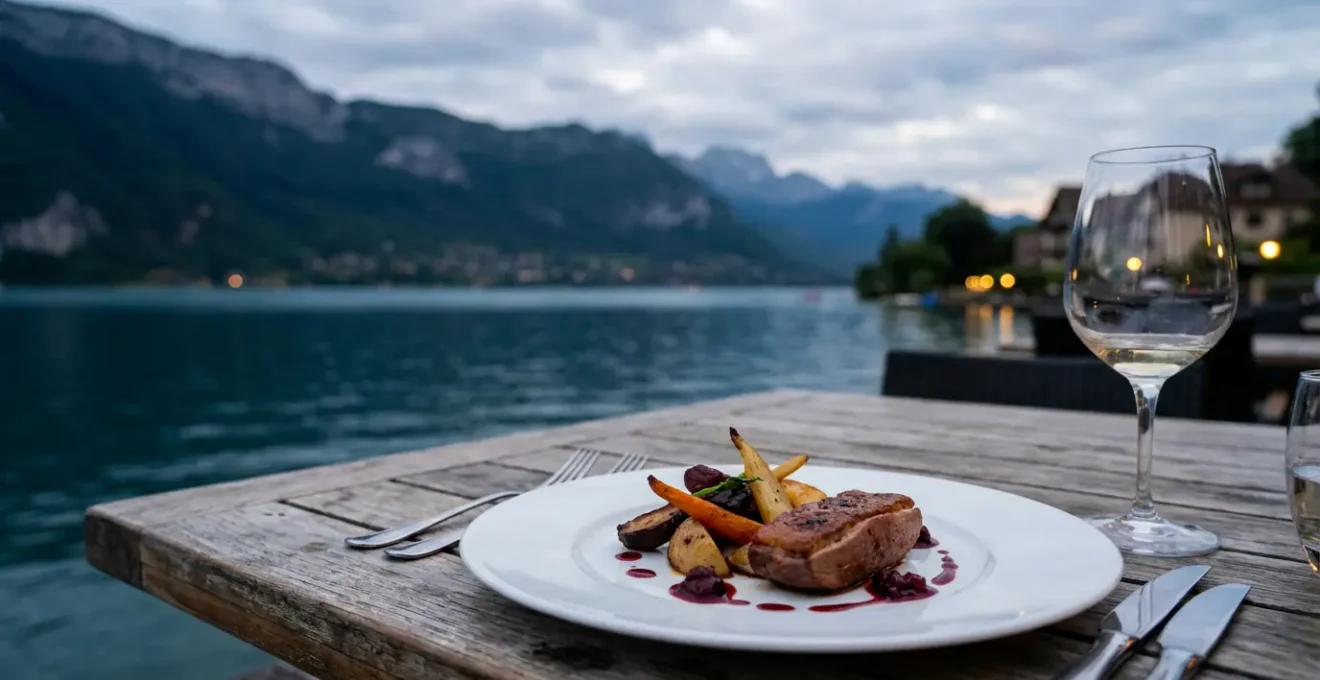 Terrasse de restaurant gastronomique avec vue sur le lac d'Annecy au crépuscule