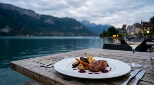 Terrasse de restaurant gastronomique avec vue sur le lac d'Annecy au crépuscule