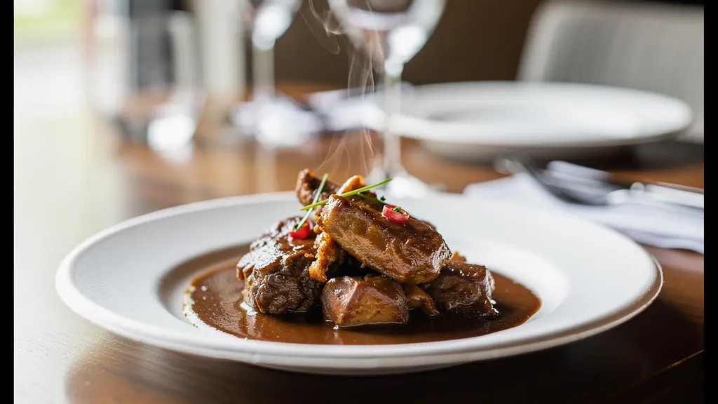 Assiette pulpe de canne contenant plat fumant en sauce service restaurant