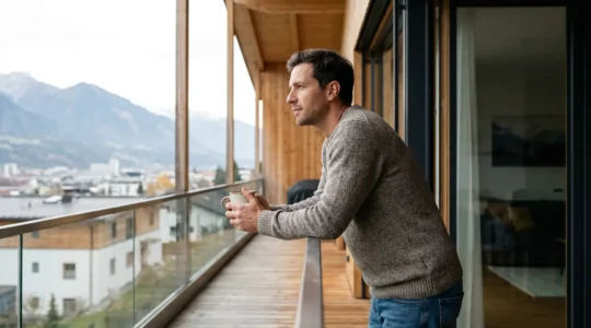 Frontalier sur balcon d'appart-hôtel avec vue sur les Alpes et Genève au loin