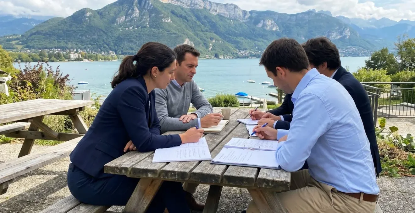 Groupe de collaborateurs en séminaire d'entreprise engagés dans une discussion collaborative en extérieur au bord du lac d'Annecy, montagnes en arrière-plan flouté, lumière naturelle