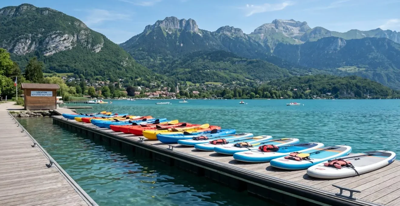 Kayaks et paddles alignés au bord du lac d'Annecy prêts pour une activité de team-building, montagnes des Alpes françaises en arrière-plan, lumière naturelle vive