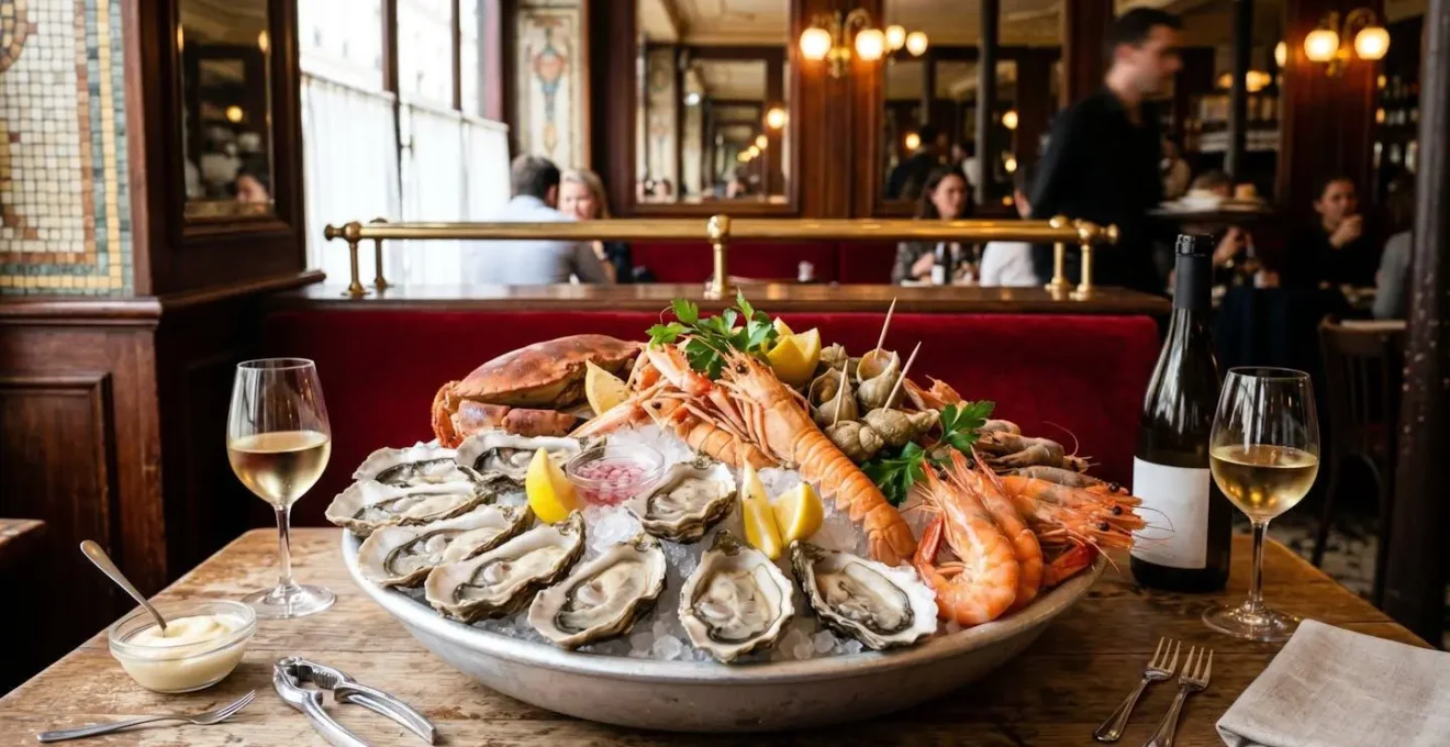 Plateau de fruits de mer servi sur un banc de glace dans une brasserie de la vieille ville d'Annecy, décor Belle Époque tons rouge et noir