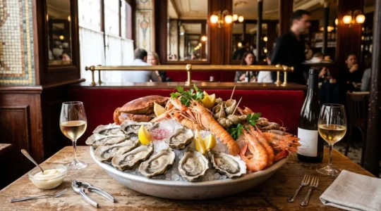 Plateau de fruits de mer servi sur un banc de glace dans une brasserie de la vieille ville d'Annecy, décor Belle Époque tons rouge et noir