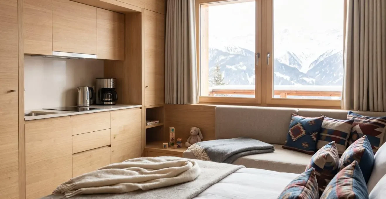 Intérieur d'une chambre duplex d'hôtel de montagne avec kitchenette équipée, déco chaleureuse en bois et tissus alpins, jouets d'enfants posés sur le lit