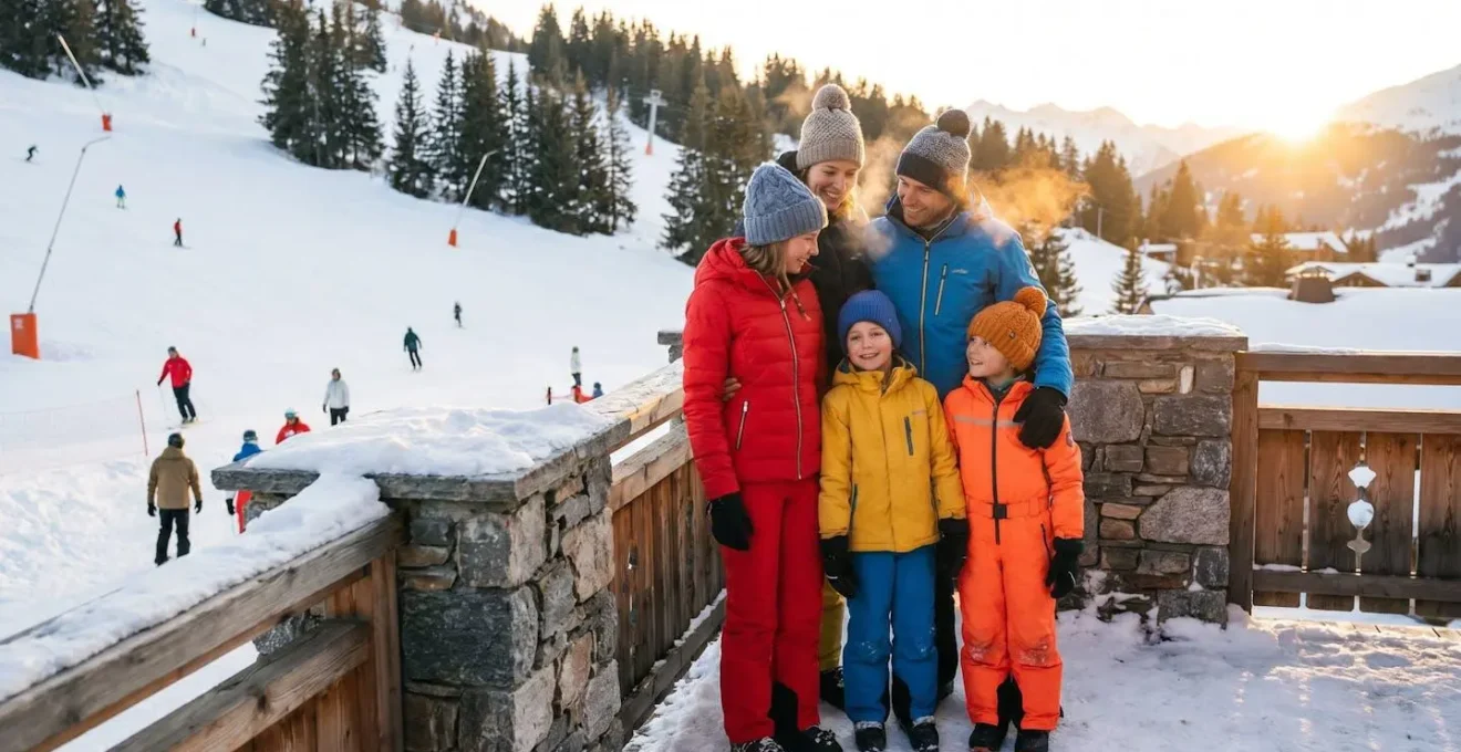 Famille avec enfants en tenue de ski devant un chalet hôtelier au pied des pistes enneigées de Morzine-Avoriaz