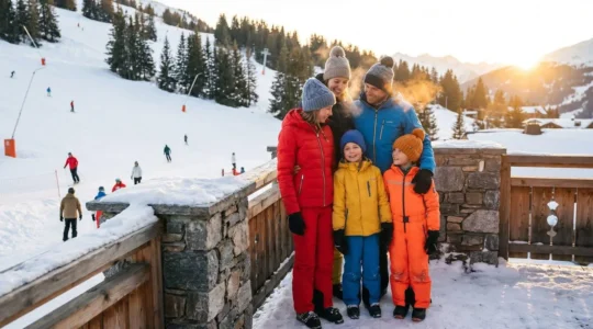 Famille avec enfants en tenue de ski devant un chalet hôtelier au pied des pistes enneigées de Morzine-Avoriaz