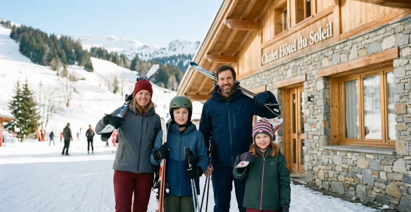 Une famille souriante devant un hotel familial a Morzine, avec les pistes de ski en arriere-plan.