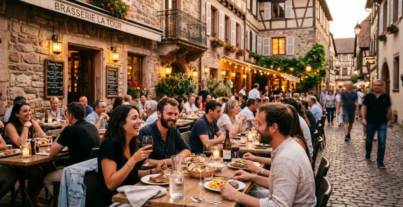 Terrasse animée de la Brasserie des Européens face à la mairie d'Annecy, convives attablés en soirée, lumière dorée de fin de journée