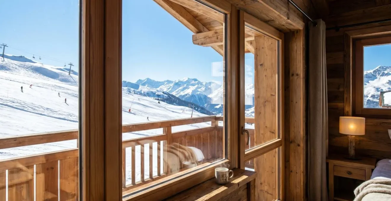 Vue depuis une fenêtre d'hôtel de montagne sur les pistes enneigées de Morzine-Avoriaz par beau temps, skieurs en mouvement en arrière-plan